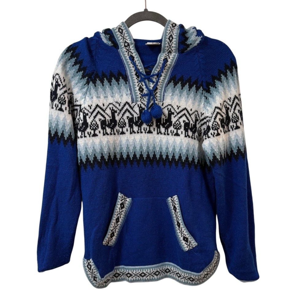 Alpaca Warehouse Alpaca Wool Llama hoodie sweater blue white womens SMALL knit
